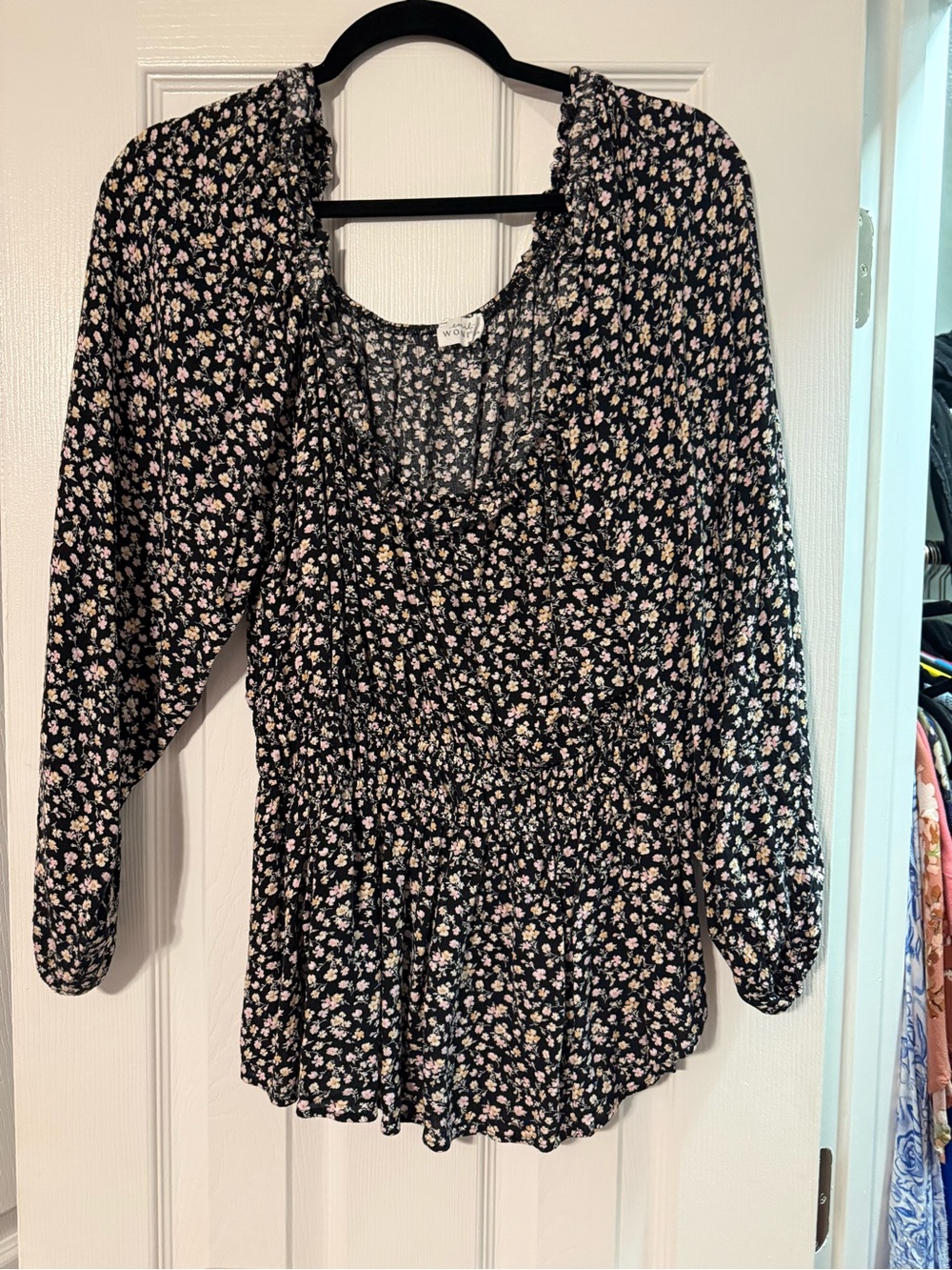 Chic Soul Black Floral Smocked Peplum Top with Pink & Cream Blossoms